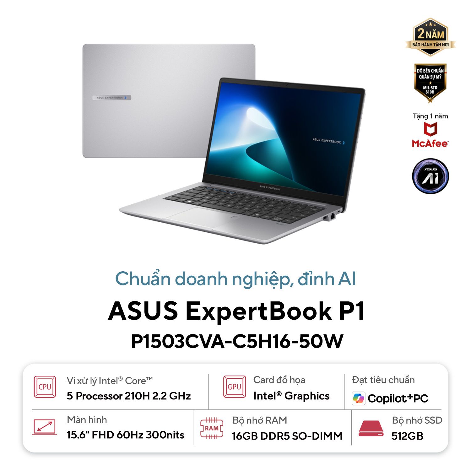 Laptop Asus ExpertBook P1 (P1503CVA-C5H16-50W) (5-210H/16GB/512GB/W11H/15.6FHD/Xám)