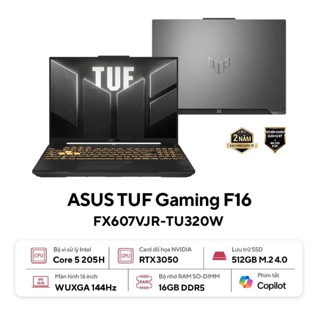 Laptop ASUS TUF Gaming F16 (FX607VJR-TU320W) (Core 5 205H, 16GB, 512GB, RTX 3050_6GB, 16.0FHD+144Hz, W11H, Xám)