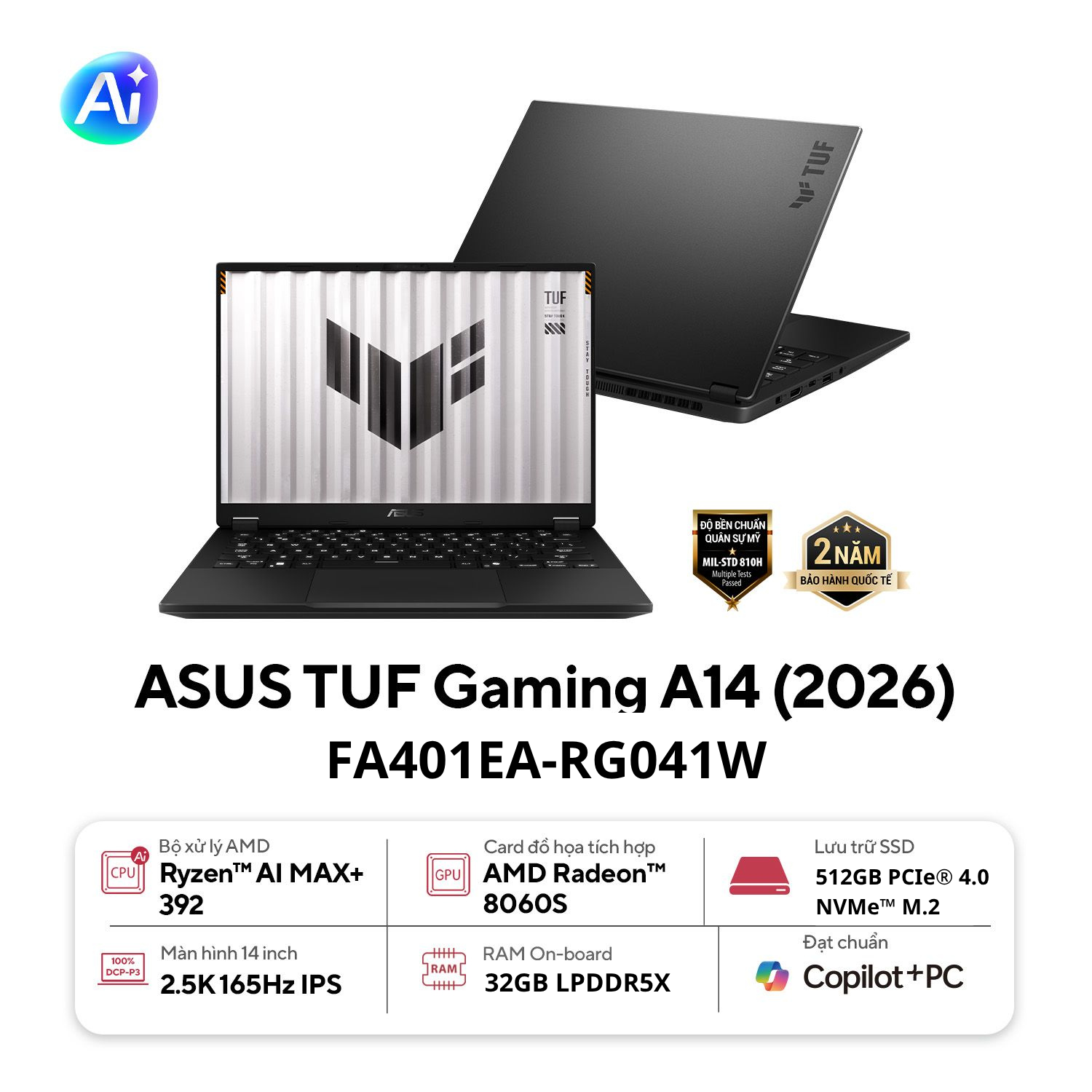 Laptop ASUS TUF Gaming A14 (FA401EA-RG034W)(Ryzen AI MAX+ 392, 64GB, 1TB, 14.0 2.5k 165Hz, W11H, Xám)