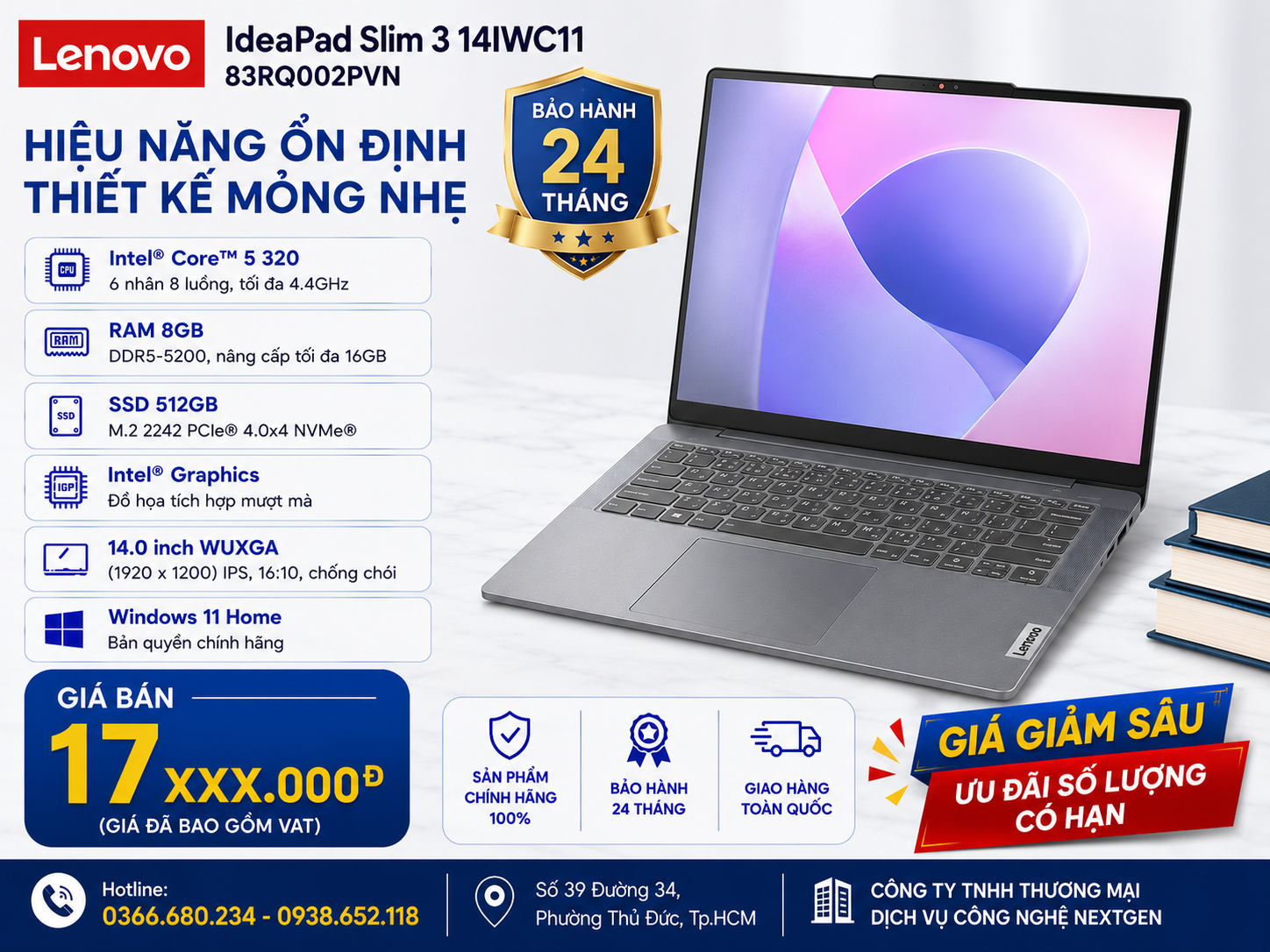 Laptop Lenovo IdeaPad Slim 3 14IWC11 (83RQ002PVN)(Core 5-320, 8GB, 512GB, W11H, 14.0FHD, Xám)