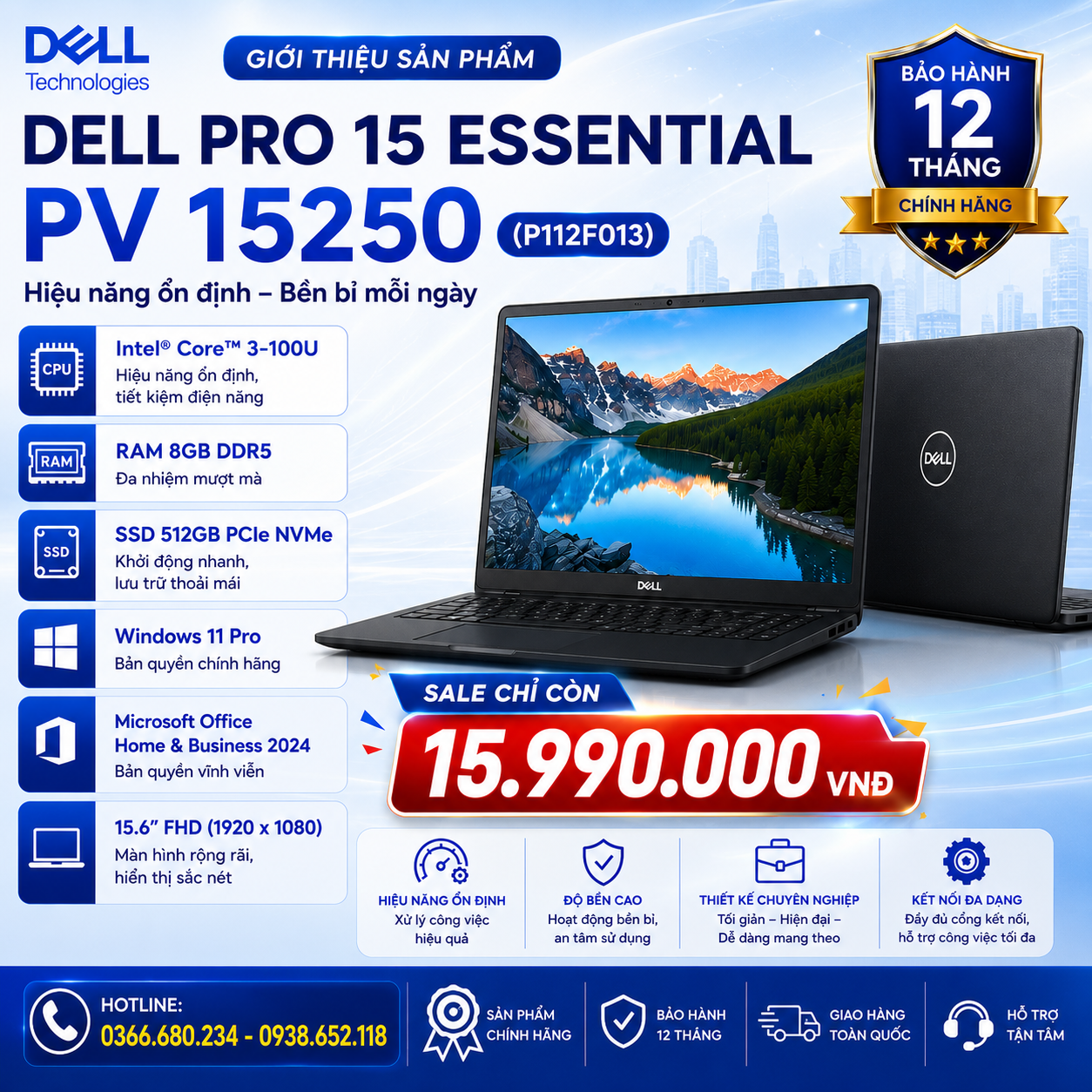 Laptop Dell Pro 15 Essential PV 15250 (P112F013)(Core 3-100U, 8GB , 512GB, W11P, Home&Business 2024, 15.6FHD, Đen)