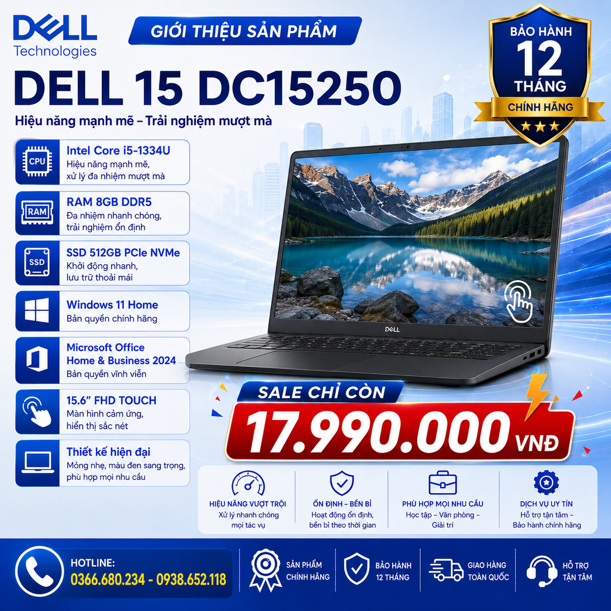 Laptop Dell 15 DC15250 (Core i5-1334U, 8GB, 512GB, W11H, Home&Business 2024, 15.6FHD Touch, Đen) 