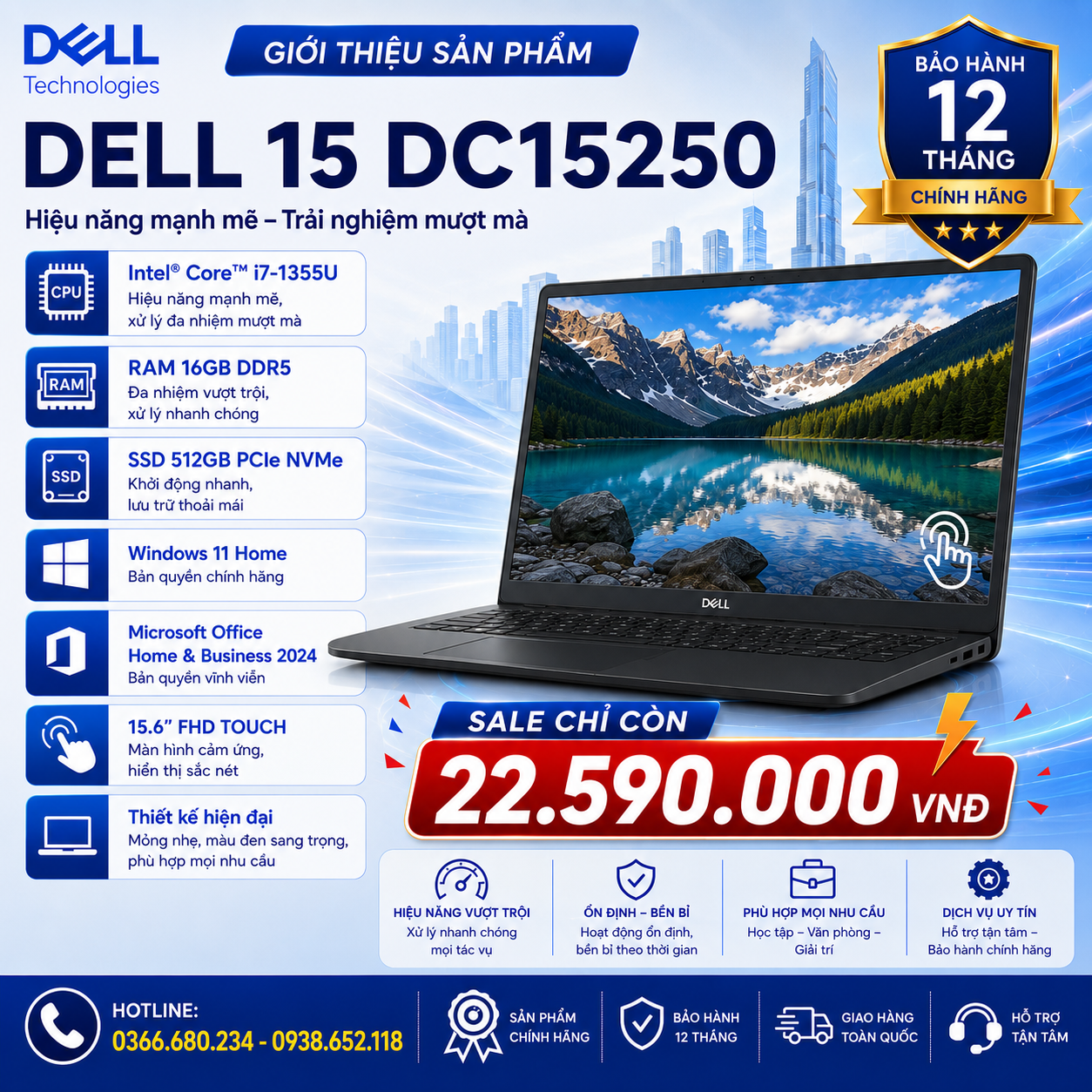 Laptop Dell DC15250 (Core i7-1355U, 16GB, 512GB, W11H, Home&Business 2024, 15.6FHD Touch, Đen) 