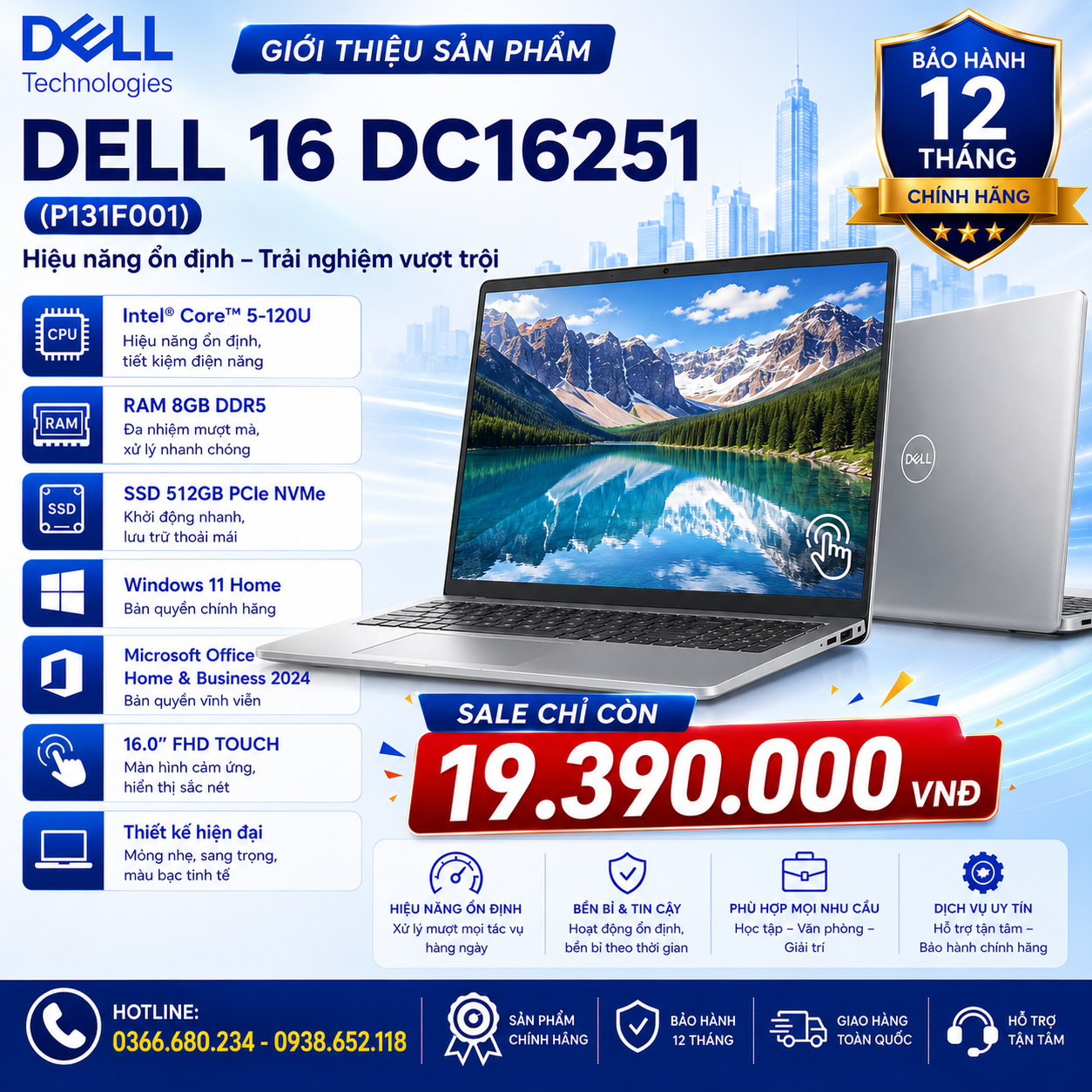 Laptop Dell 16 DC16251 (P131F001)(Core 5 120U, 8GB, 512GB, W11H, Home&Business 2024, 16.0FHD+ Touch, Bạc)