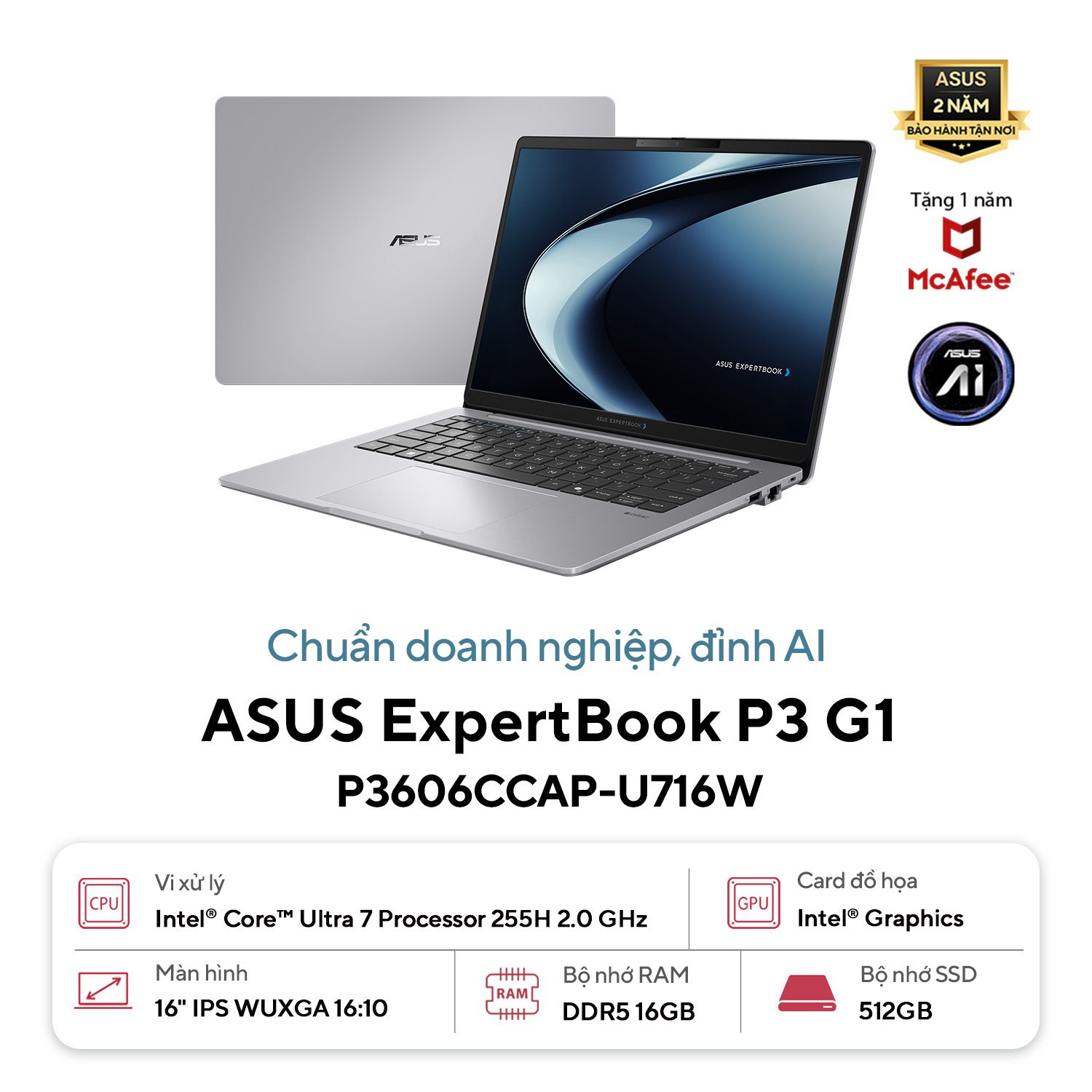 Laptop ASUS ExpertBook P3 G1 (P3606CCAP-U716W) (Ultra 7 255H, 16GB, 512GB,  16.0FHD+,  W11H, Xám)